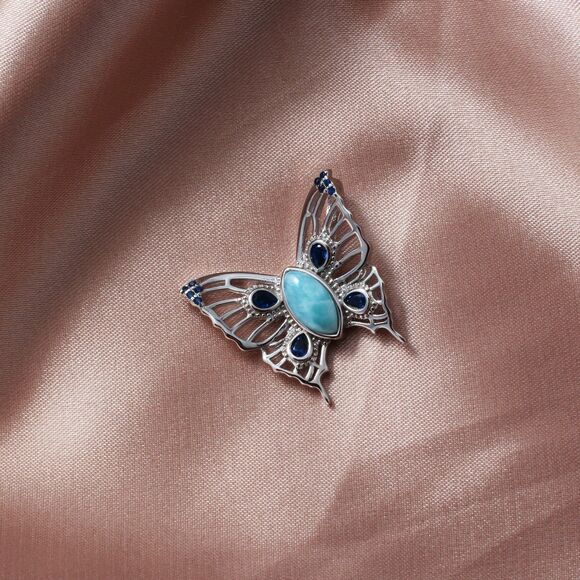 BUTTERFLY NECKLACE, LARIMAR Pendant, Butterfly and Larimar Gemstone Necklace - Picture 1 of 9